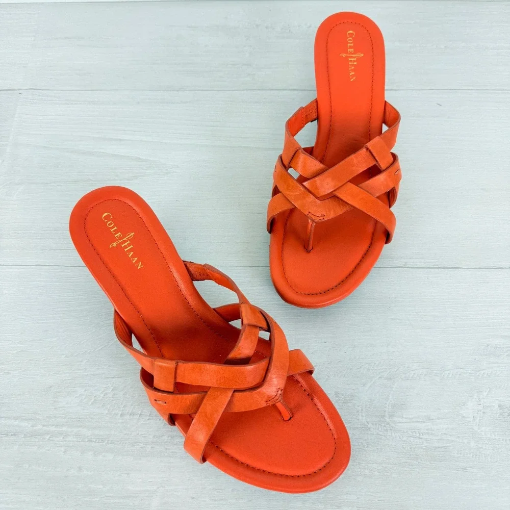 Cole Haan Wedge Sandals Size 7.5 B Orange Nike Air Strappy Leather Summer Bonnie